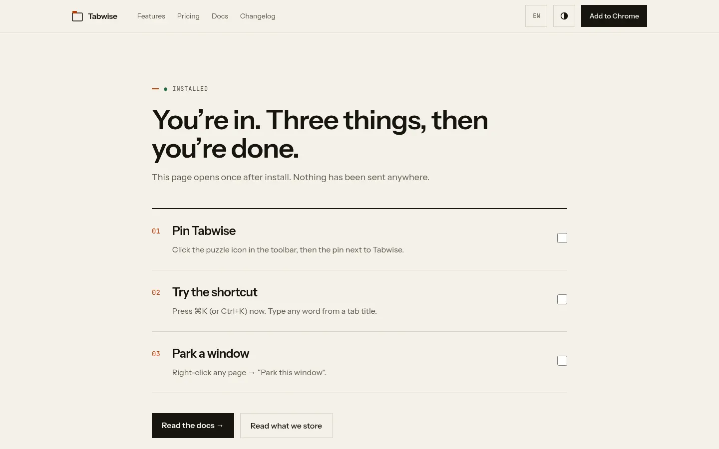 Welcome — opens after install, noindex